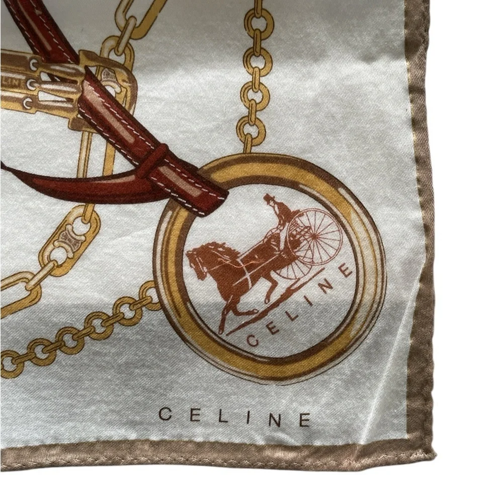 Authentic Celine Vintage Equestrian Chain Print Handkerchief in White and Brown